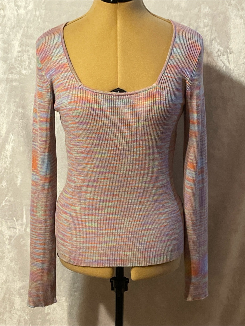 Pink Rose Pastel Multicolor Scoop Neck Ribbed Long Sleeve Top